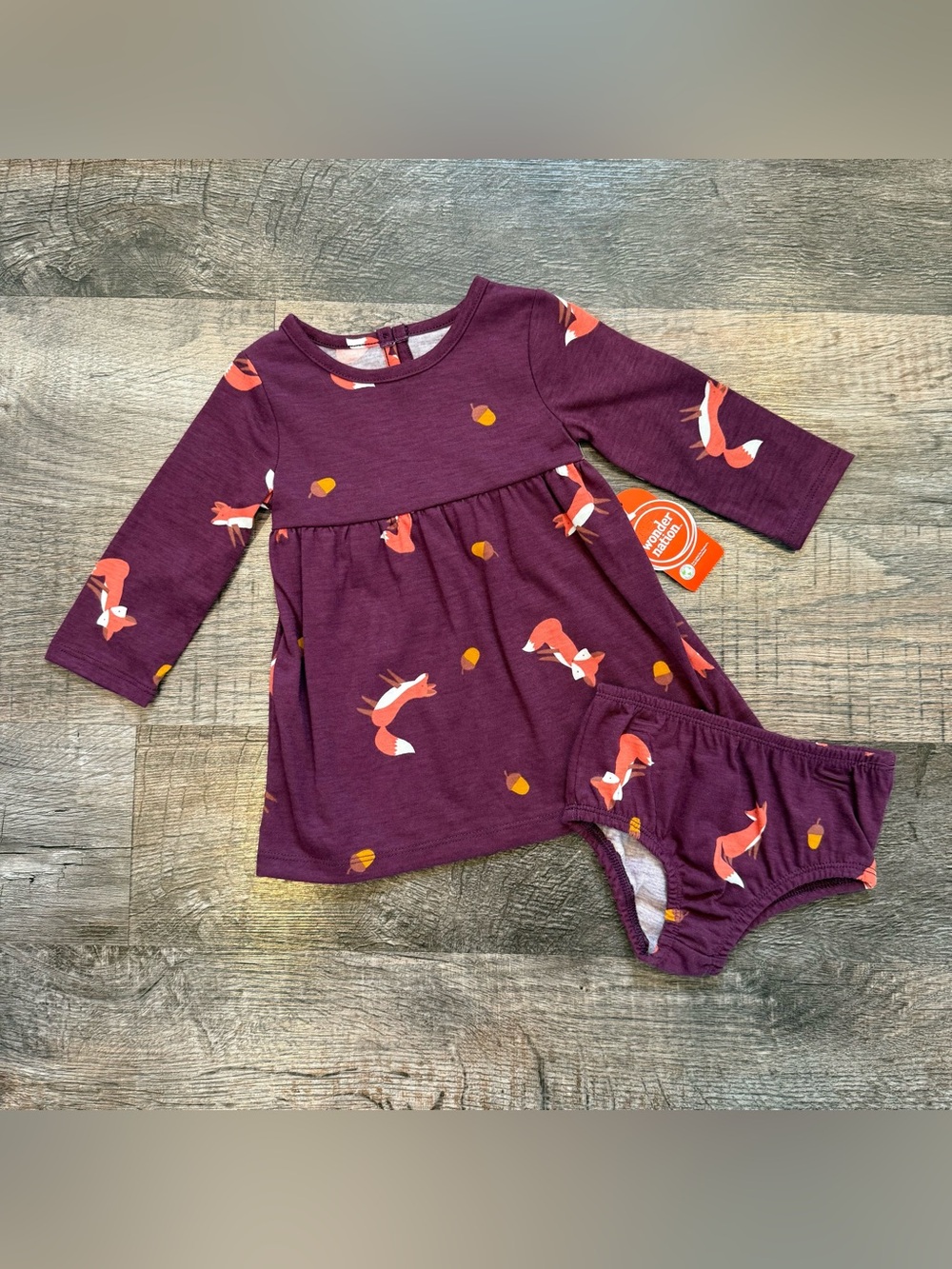 NWT Wonder Nation Baby Girl Fox Long Sleeve Dress Matching Diaper Cover 6-9 Mon